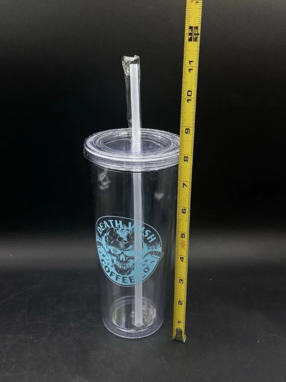 Death Wish Coffee Clear Large Plastic Tumbler With Straw NEW